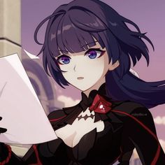 an anime character holding a piece of paper in her hand and looking at the camera