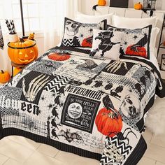 a bed in a room decorated for halloween