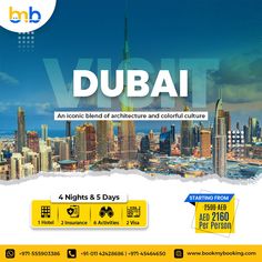 an advertisement for dubai with the city skyline in the background