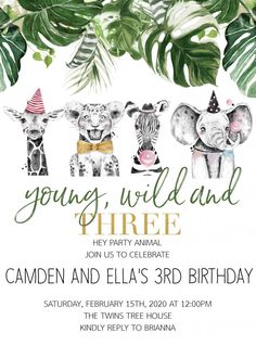 an animal themed birthday party with tropical leaves and watercolors on the front, including three