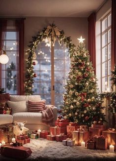 a living room filled with lots of presents and christmas trees in front of a window