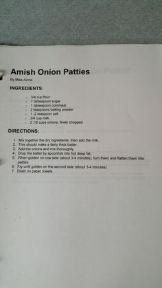 an onion patties recipe is shown on a piece of paper with the words, amish onion patties