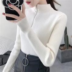 Knitted Women Zipper Half High Neck Sweater Pullovers SizeBust Size:76-100cm Length:56cm Sleeve Length:55cm Shoulder:26-42cmSize mearsured by ourselves,sometimes has some errors, but always within 3cm."- ": refers to the elastic range of the clothes. Winter Long Sleeve Tops With Zipper, Winter Long Sleeve Tops With Zipper Closure, Fitted Half-zip Sweater For Winter, Winter Stretch Sweater With Zipper Closure, Stretch Winter Sweater With Zipper Closure, Stretch Tops With Zipper Closure For Winter, Winter Knit Tops With Zipper Closure, Solid Color Sweater, Ruffle Sweater