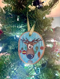 a christmas ornament hanging from the top of a green tree with ornaments on it