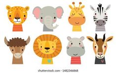 set of cute cartoon animals with different facial expressions