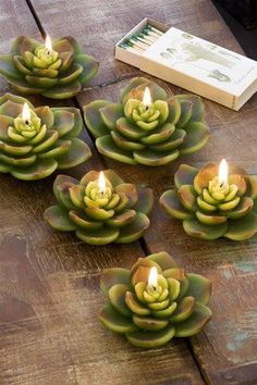 four candles are sitting on a table with succulents in the shape of flowers