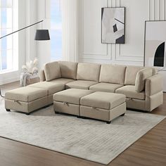 a living room with a sectional couch and ottoman