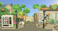 an animated image of a vending machine in front of a store with palm trees