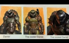 three different views of the same character in an action figure game, one is wearing armor and