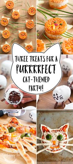 there are pictures of different types of pastries on the table with text that reads three treats for a purrrffect cat - themed party