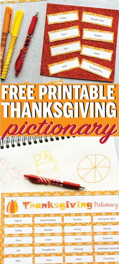 the free printable thanksgiving planner is shown with markers, pens and pencils on it