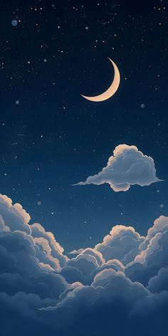 the night sky is full of stars, clouds and a half moon in the distance