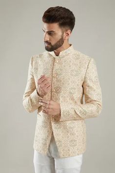 Shop for Kasbah Pink Chanderi Button Down Jacket Bandhgala for Men Online at Aza Fashions Designer Pink Bandhgala With Zari Work, Designer Pink Bandhgala With Resham Embroidery, Fitted Pink Bandhgala With Dabka Work, Pink Fitted Bandhgala With Dabka Work, Pink Long Sleeve Bandhgala For Reception, Traditional Nehru Jacket With Dabka Work For Spring, Reception Bandhgala With Floral Embroidery And Long Sleeves, Spring Reception Bandhgala With Long Sleeves, Spring Reception Bandhgala