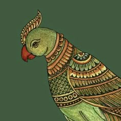 a painting of a bird on a green background