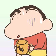 a cartoon man holding a cup and looking at the ground