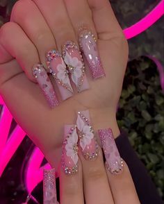 Pink Nails Extra, Pink Bling Nails Rhinestones, Pink Bling Acrylic Nails, Pink Bling Nails, Acrylic Nail Designs Classy, Acrylic Toe Nails, Cute Acrylic Nail Designs