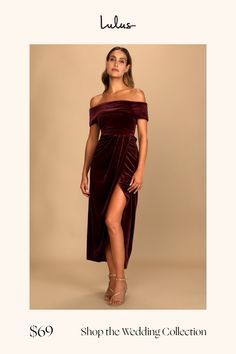 An evening of magic awaits you in the Lulus I'm Enchanted Burgundy Velvet Off-the-Shoulder Maxi Dress! This gorgeous stretch velvet maxi has a folded over off-the-shoulder neckline (with hidden no-slip strips) that continues into short sleeves. High, banded waist flows into an overlapped tulip maxi skirt. Hidden side zipper/clasp. Fit: This garment fits true to size. Length: Floor length. Size medium measures 49.5" from top to bottom. Bust: Great for any cup size. Waist: Fitted - very fitted at Green Velvet Dress, Velvet Maxi Dress, Velvet Maxi, Tulip Skirt, Formal Dresses Gowns, Burgundy Velvet, Stretch Velvet, Neutral Fashion, Dress 100