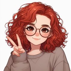 a girl with red hair and glasses making the peace sign