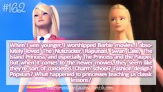 two barbie dolls are standing next to each other and one has a caption that reads, when i was younger, i worshiped barbie