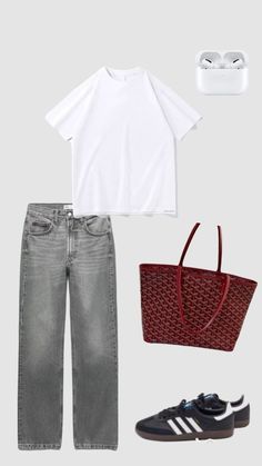 a white t - shirt, grey jeans and black shoes with a red tote bag