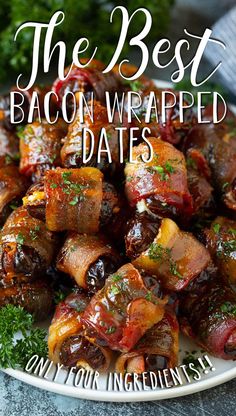 bacon wrapped dates on a plate with parsley