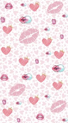 pink lips and hearts on a white background