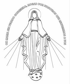 the virgin mary statue with rays coming from her head and hands, outlined in black and white