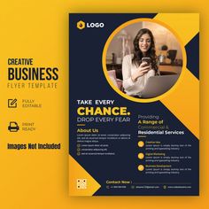 a yellow and blue business flyer template with a woman on her phone in the background