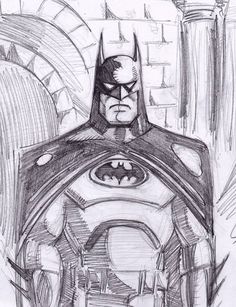 a pencil drawing of batman in the dark knight suit with his hands on his hips