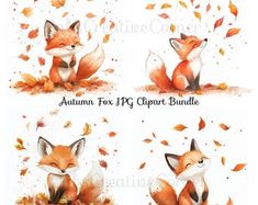 four different pictures of a fox with autumn leaves