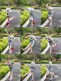 several pictures of a woman in various poses holding a tennis racquet and posing for the camera