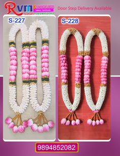 two different types of beaded necklaces with pink and white beads on the ends