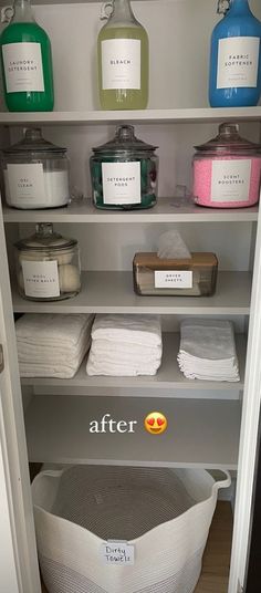 the shelves in this closet are filled with different types of towels and other things to use