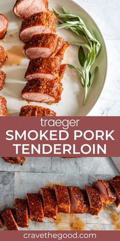 smoked pork tenderloin on a plate with herbs