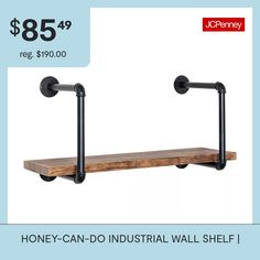 a wooden shelf with two metal pipes on it and the price is $ 85 99