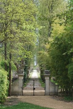 an iron gate in the middle of a park with trees and bushes on either side