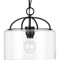 a light fixture with a clear glass shade on the bottom and a black metal frame