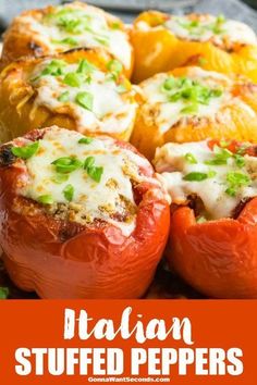 stuffed red peppers with cheese and green onions on top, in the background is an image of