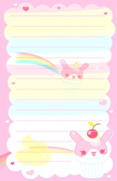 a pink lined paper with an apple and bunny on it, next to a rainbow