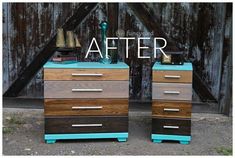 two wooden dressers sitting next to each other