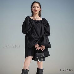 Lasaky - Sophisticated Two-wear Off-Shoulder Shirt Dress with Exquisite Bubble Sleeves Design Casual Long Sleeve Off Shoulder Party Dress, Black Long Sleeve Off Shoulder Summer Dress, Casual Black Off Shoulder Dress, Casual Long Sleeve Puff Sleeve Party Dress, Casual Long Sleeve Puff Sleeve Dress For Party, Off Shoulder Shirt, Bubble Sleeve, Dress Shirt Sleeves, Skirt Skirt