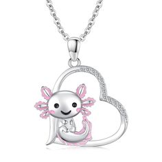 PRICES MAY VARY. Axolotl Necklace Design: Stand out with our heart-shaped axolotl necklace for women inlaid with sparkling cubic zirconia, a perfect blend of cuteness and elegance. Axolotl Gifts: Delight axolotl lovers with this cute animal necklace, ideal for birthdays, anniversaries, graduations, or Valentine's Day. Comes in a lovely gift box. Axolotl jewelry Quality: Made of non-fading, hypoallergenic 925 sterling silver, lead-free, and nickel-free, ensuring safety and lasting beauty. A stand Cute Silver Jewelry For Gifts, Cute Sterling Silver Necklaces For Valentine's Day, Sterling Silver Necklace With Lobster Clasp For Valentine's Day, Axolotl Jewelry, Axolotl Necklace, Axolotl Gifts, Birthday Gifts For Daughter, Cute Axolotl, Gifts For Daughter