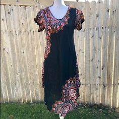 Brand New This Dress Is Cute Boho Chic Style From Thailand Short Sleeves Perfects For Summer Or Can Be A Sleepwear!! Very Comfortable! Light Weight Black Free-size Tunic Dress, Black Free Size Tunic Dress, Black Printed Short Sleeve Maxi Dress, Black Printed Maxi Dress With Short Sleeves, Casual Black Boho Print Dress, Casual Black Dresses With Boho Print, Casual Black Dress With Boho Print, Black Floral Maxi Dress For Festivals, Festival Black Maxi Dress With Floral Print