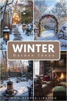 winter garden ideas with pictures of the front yard and back yard in snow, surrounded by trees