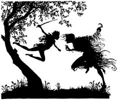 the silhouettes of two children playing under a tree