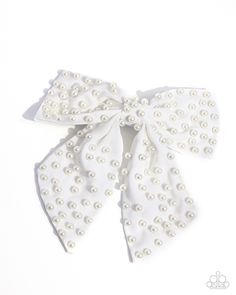 Embellished with countless high-sheen white pearls a satin white ribbon is tied into a refined bow centerpiece. Features a standard hair clip on the back.   Sold as one individual hair clip. White Hair Accessory, Silver Hair Clip, Pink Hair Clips, White Hair Bows, Gold Hair Clips, Bow Hair Accessories, Bow Jewelry, Gold Hair, Orange Hair