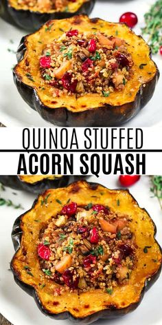 three images of stuffed acorn squash on a white plate with cranberries and herbs