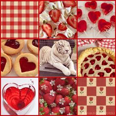 a collage of pictures with hearts, cookies, strawberries and other food items