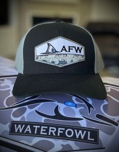 AFW Fishing Patch Hat - Black/Grey Snapback Trucker Pro Round Crown Mesh Back Panels Chino Twill Front Panels Comfort Sweatband Structured Slight Pre-Curve Plastic Snap Adjustable Gray Hat For Fishing, Adjustable Gray Fishing Hat, Black Snapback Baseball Cap For Fishing, Black Casual Snapback Hat For Fishing, Adjustable Black Trucker Hat For Fishing, Black Curved Bill Hat For Fishing, Black Snapback Hat For Fishing, Black Curved Brim Fishing Hat, Adjustable Black Fishing Hat