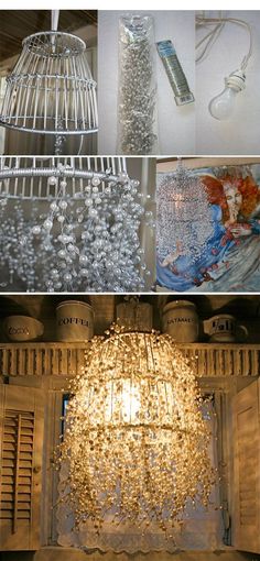 three pictures with different types of chandeliers hanging from the ceiling and in front of them